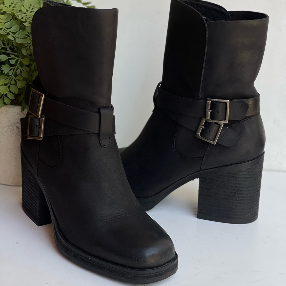 KORKS Meegan Mid shaft MOTO BOOTS BLACK LEATHER platform boots SIZE 10 Womens